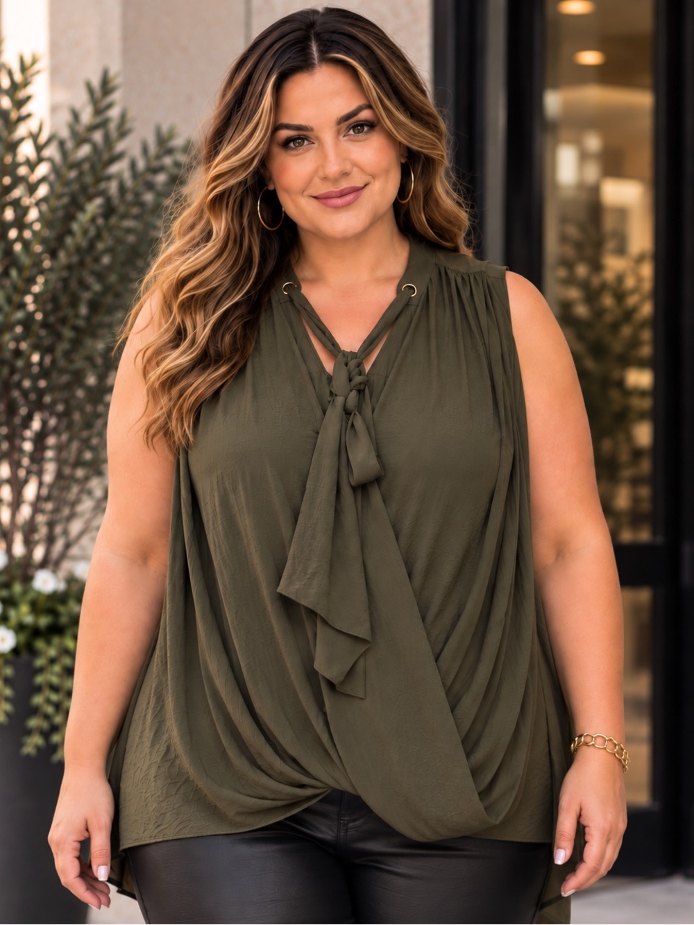 LOVE & LEGEND Dark Olive Drape Front Faux Wrap Grommet Sleeveless Blouse Sz 4X